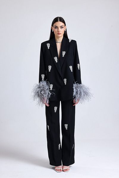 Bohai Design Custom Design Black Stone Detailed Furry Pants Jacket Bottom-Top Set