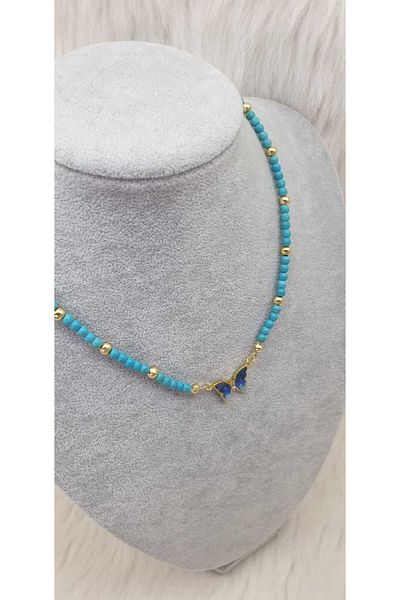 HAPPY HANDMADE TURQUOISE STONE BUTTERFLY FIGURE NECKLACE GIFT ACCESSORY BAG