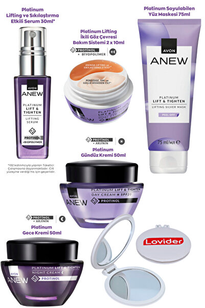 AVON Anew Platinum Set; Gündüz + Gece Kremi 55+ Yaş + Göz Çevresi Kremi + Serum + Maske + Lovider Ayna