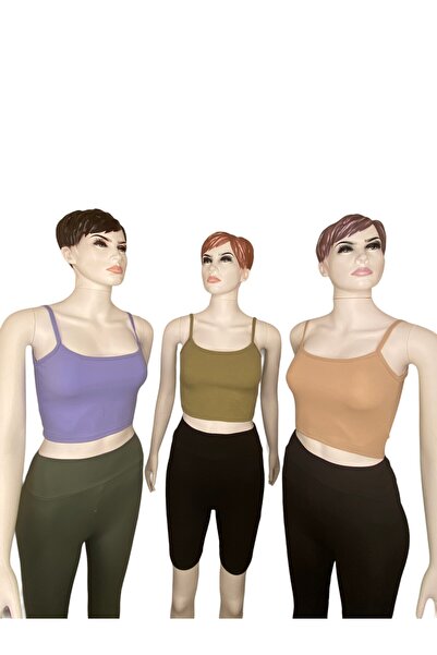 Tam12den Home İp Askılı Fitilli Pamuk Örme Kısa Crop Atlet 40 cm 3'lü Haki - ...