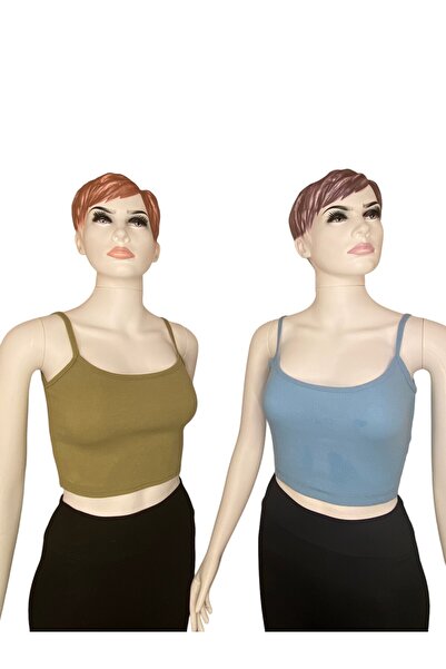 Tam12den Home İp Askılı Fitilli Pamuk Örme Kısa Crop Atlet 40 cm 2'li Gri - Lila