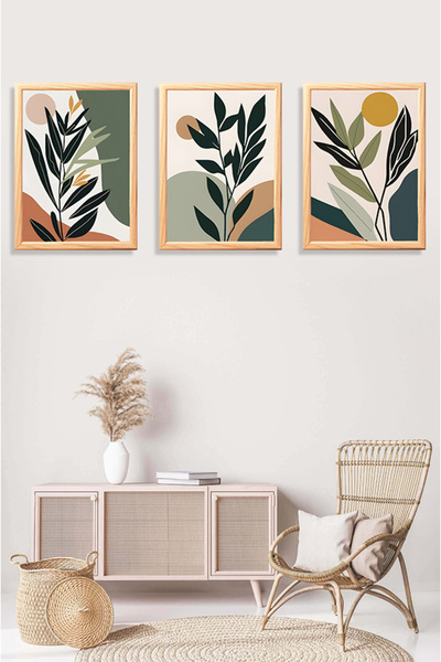 TRENDPOSTER Set de 3 tablouri în stil boem, cu rame din lemn natural, pentru ...