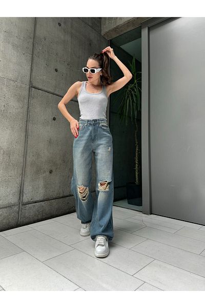 Gofeel Blue Baggy Split Detail Unisex Washable Jean