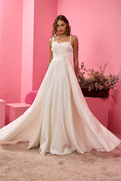 Lenta Moda Beyaz Üç Boyutlu Dantel Detaylı Işık Saten Gelinlik ve Nikah Elbisesi