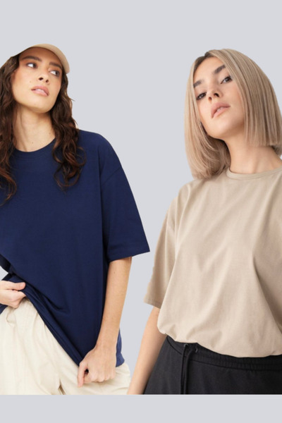 Rokeby Mornarsko plava i bež Oversize kroj Pamuk T-shirt - okrugla kragna pak...