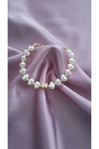 Judas Takı Women's White Broken Stone Butterfly Detailed Pearl Bracelet