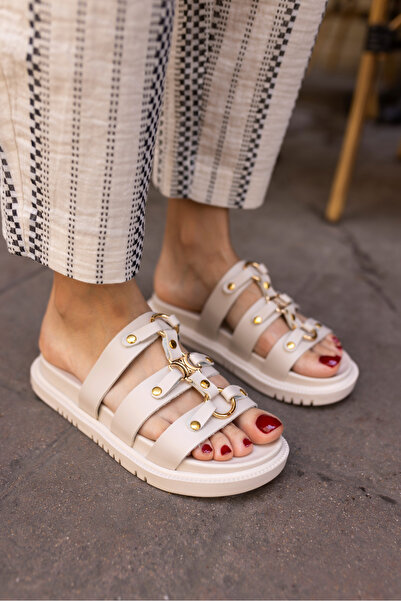 ANGELİNA JONES PIERO WOMEN'S BEIGE LEATHER POWDERED METAL BUCKLE SLIPPERS