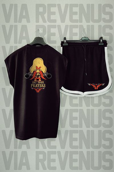 Vordevia Black Oversize Sports T-shirt and Shorts Set - Meat Printed, Crew Neck, Zero Sleeve