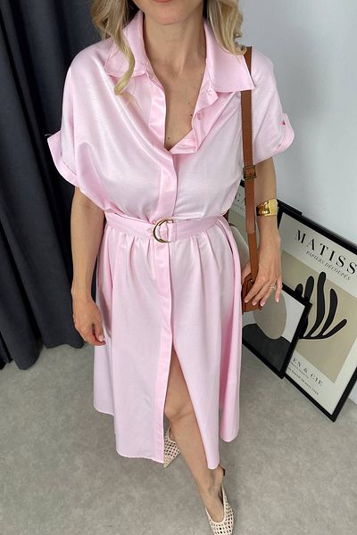 Sue Store Powder Pink Belted Shirt Dress