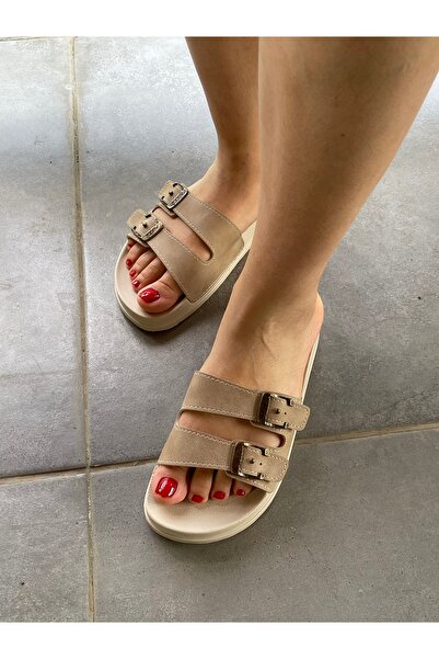Hızlı Al Extra Comfortable Double Buckle Soft Sole Daily BEIGE CREAM Slippers