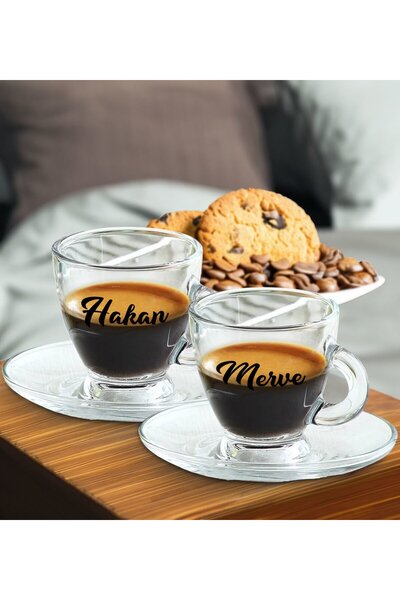 Bk Gift Kişiye Özel İsimli DTF 2’li Cam Espresso Fincan Takımı, Sevgiliye Hed...