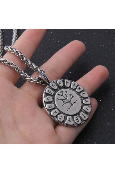 Viking Yggdrasill Scandinavian Mythology Patterned - 316L Necklace with Runic Lettering
