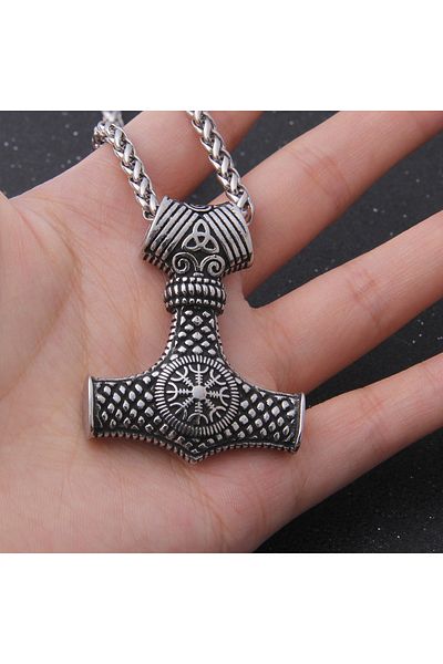 Viking Thor Mjollnir Vegvisir Triquetra Detailed 316L Steel Necklace