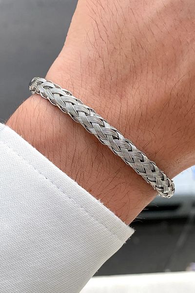 The Collection Non-tarnish Men's Silver Mesh Clamp Steel Bracelet