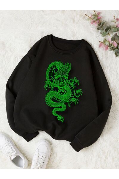 Topçu Siyah Dragon Baskılı Unisex Çocuk Sweatshirt