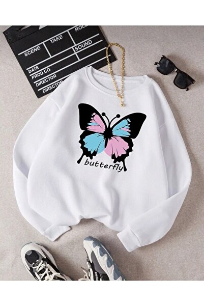 Topçu Beyaz Bisiklet Yaka Kelebek Baskılı Çocuk Sweatshirt