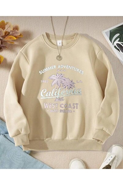 Topçu Krem California Baskılı Unisex Çocuk Sweatshirt