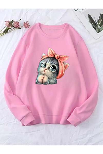 Topçu Παιδικό φούτερ με ροζ γάτα με στάμπα με λαιμόκοψη