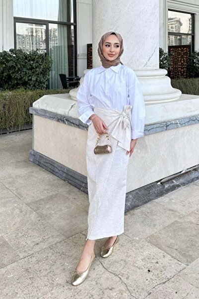 Rimel Moda Bağlamalı Etek Bej