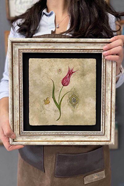 FİNS STONE DECOR Çerçeveli Tablo Taş Duvar Dekoru 30 X 30 Cm Ebruli Çiçek Tasarım Tablo