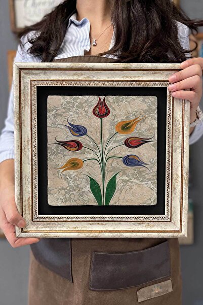 FİNS STONE DECOR Çerçeveli Tablo Taş Duvar Dekoru 30 X 30 Cm Ebruli Renkli Çiçekler Mermer Tablo