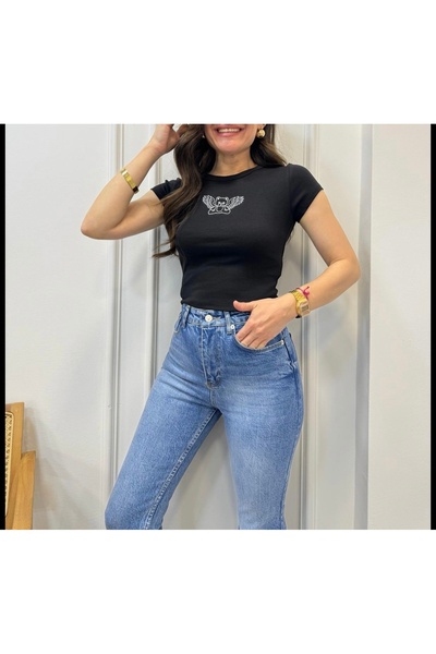 KAROL Siyah baskılı kısa crop badi