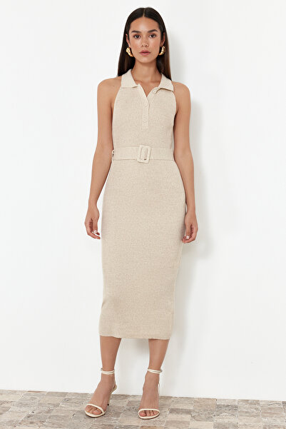 Trendyol Collection Béžový pásek s detailním úpletem Midi šaty TWOSS22EL1031
