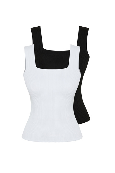 Trendyol Collection Czarno-ecru Podstawowy podwójny zestaw dzianinowych cienkich bluzek TWOSS24BZ00623