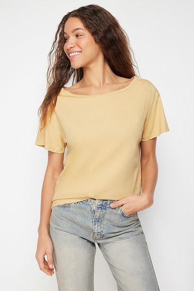 Trendyol Collection Tmavě béžová 100% bavlna Oversize / Široký střih Lodní výstřih Pletené tričko TWOSS20TS0140