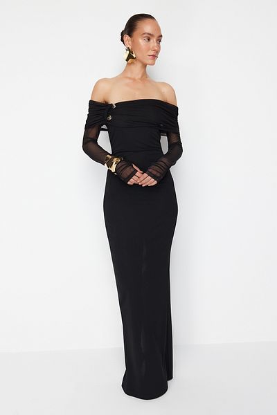 Trendyol Collection Zeynep Tosun černé pletené dlouhé večerní šaty - detaily rukavic a doplňky, šaty pro návrat domů TCLSS24AE00011