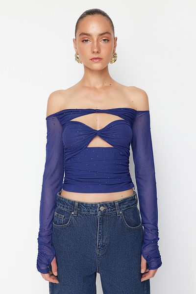 Trendyol Collection X Zeynep Tosun Saks Pletené zářivě zdobené bustier TCLSS24BS00004