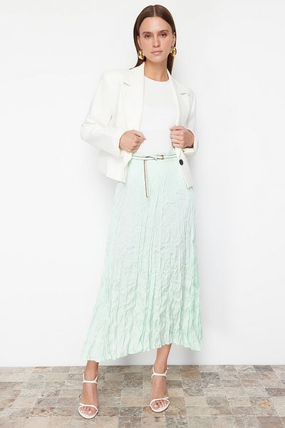 Trendyol Modest Μέντα πλισέ σατέν υφασμένη φούστα TCTSS24EE00018
