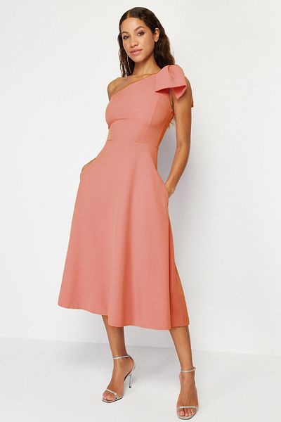 Trendyol Collection Rochie de seară elegantă, țesută portocaliu - TPRSS24EL00105 cu croială în A și detaliu cu fundă