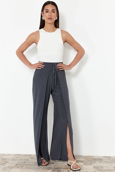 Trendyol Collection Anthracite Lacing Detailed Slit Flexible Trousers TWOSS24PL00135