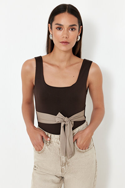 Trendyol Collection Brown Knitted Body with Flexible Ribbon Tie Detail - Fitt...