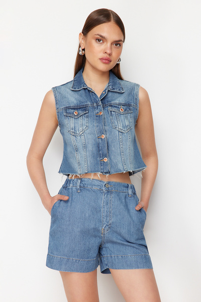 Trendyol Collection Plave 100% Tencel ™ elastične šortseve sa strukom Visok s...