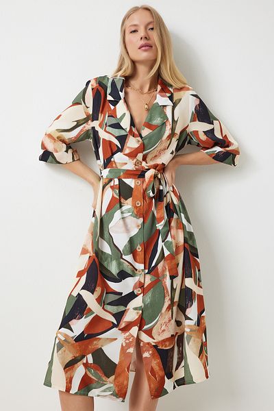Happiness İstanbul Khakifarbenes Viskose-Hemdkleid – Ziegelmuster, Sommer, MX00166