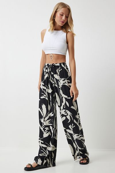 Happiness İstanbul Black and White Patterned Viscose Palazzo Women's Trousers - EN00606