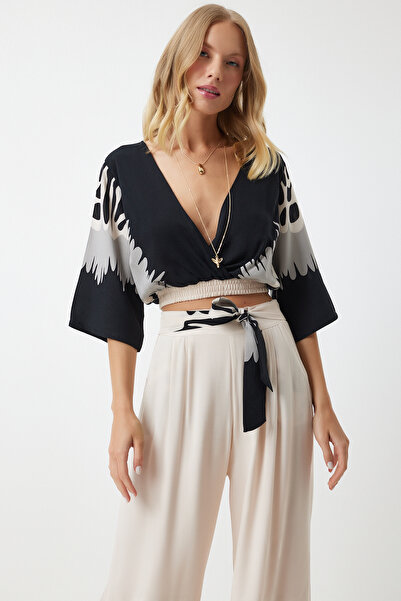 Happiness İstanbul Fekete krémszínű mintás viszkóz női szett - kényelmes CR00438