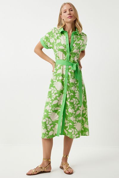Happiness İstanbul Grünes Damenkleid aus dünner Viskose mit Blumenmuster - Sommer DD01311
