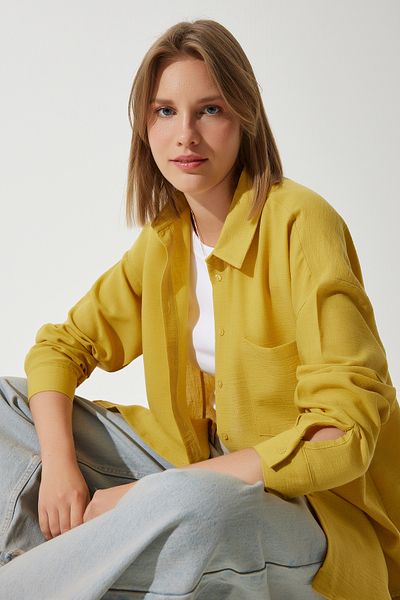 Happiness İstanbul Senfgelbes Oversize-Leinenhemd Ayrobin für Damen DD01222