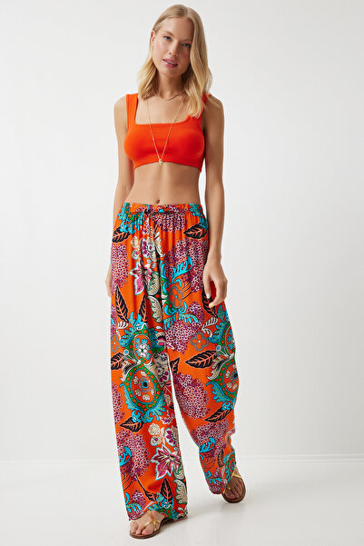 Happiness İstanbul Women's Orange Turquoise Patterned Flowing Viscose Palazzo Trousers EN00606