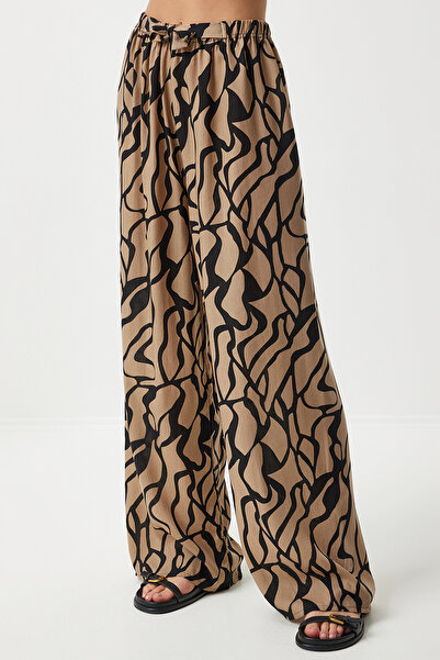 Happiness İstanbul Γυναικείο παντελόνι Viscose Palazzo σε μπεζ μαύρο σχέδιο - EN00606