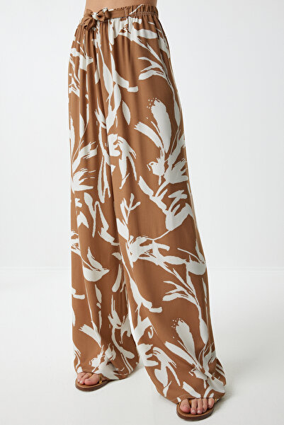 Happiness İstanbul Weiße gemusterte Palazzo-Hose aus Viskose - Damen, fließend, EN00606