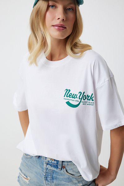Happiness İstanbul Weißes Oversize Damen Strick T-Shirt - Bedruckt, DD01326