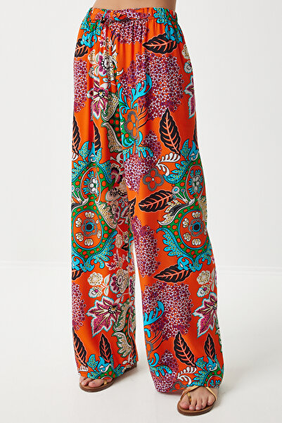 Happiness İstanbul Women's Orange Turquoise Patterned Flowing Viscose Palazzo Trousers EN00606