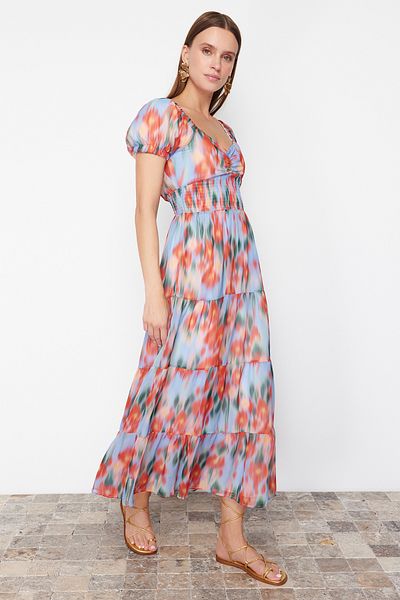 Trendyol Collection Modré maxi tkané šaty s květinovým potiskem A-line TWOSS24EL00807