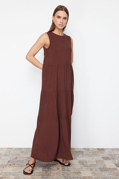 Trendyol Collection Καφέ Shift/Stright Cut Maxi Αμάνικο υφαντό φόρεμα TWOSS20EL1954