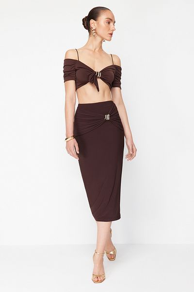 Trendyol Collection X Zeynep Tosun Hnědá pletená hadí sukně TCLSS24ET00002