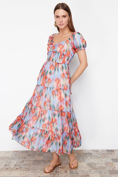 Trendyol Collection Modré maxi tkané šaty s květinovým potiskem A-line TWOSS24EL00807